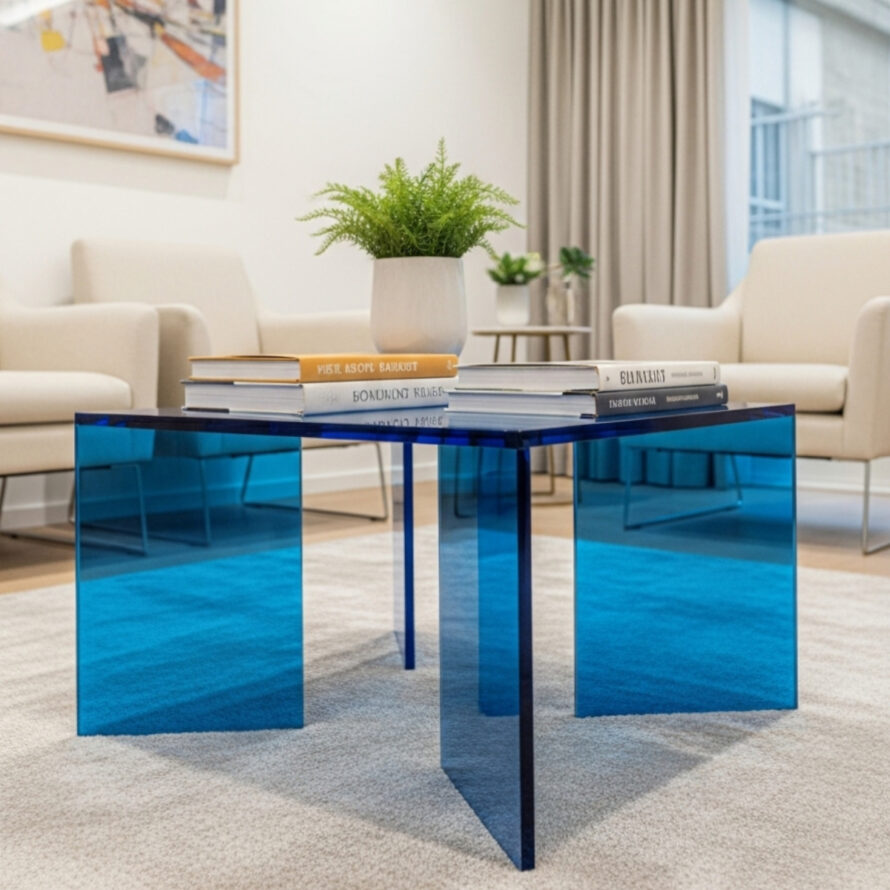 Blauw plexiglas tafel salontafel