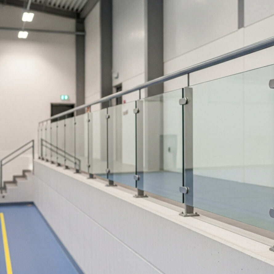 Balustrade van plexiglas in sporthal