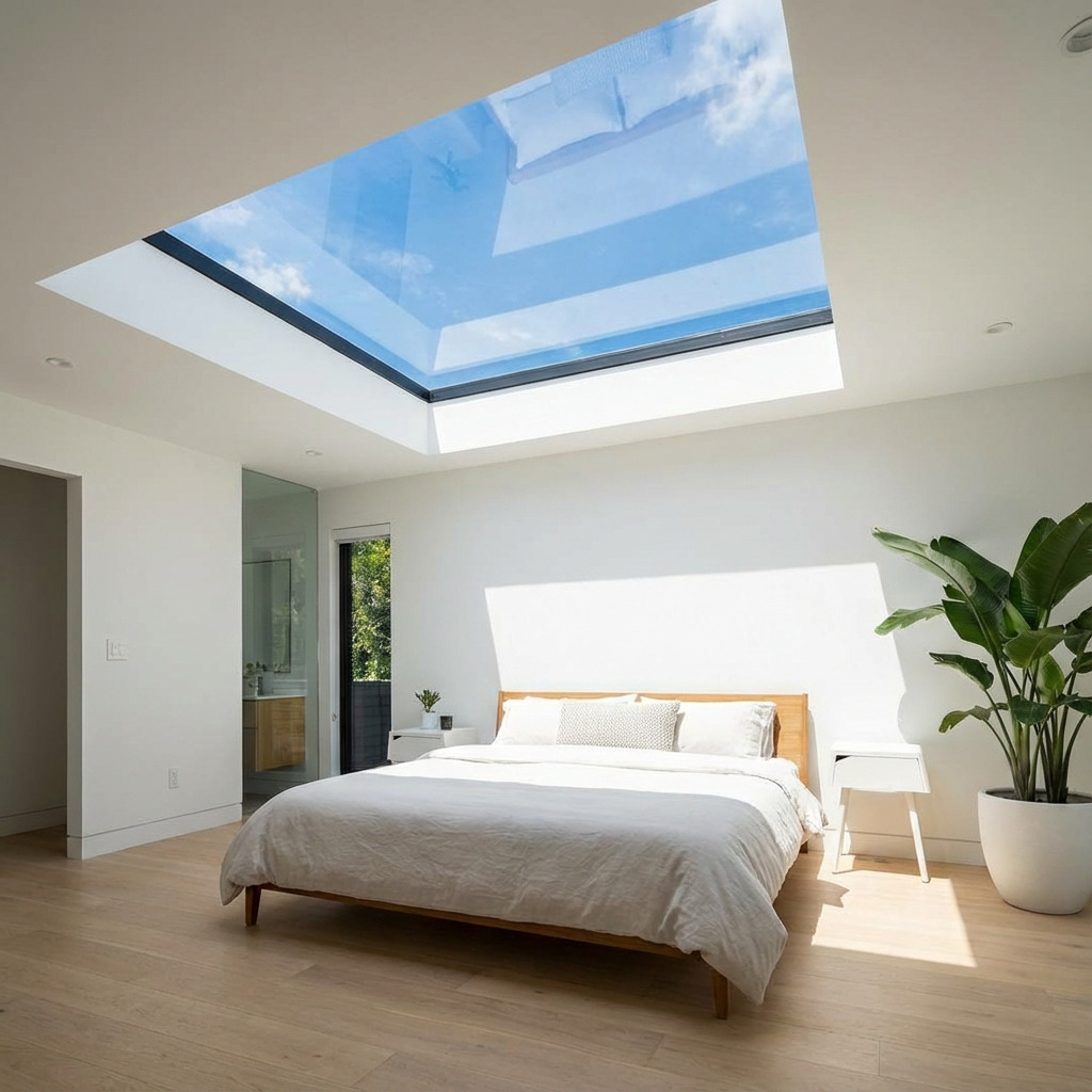 Lichte slaapkamer met groot plexiglas dakraam en houten bed.