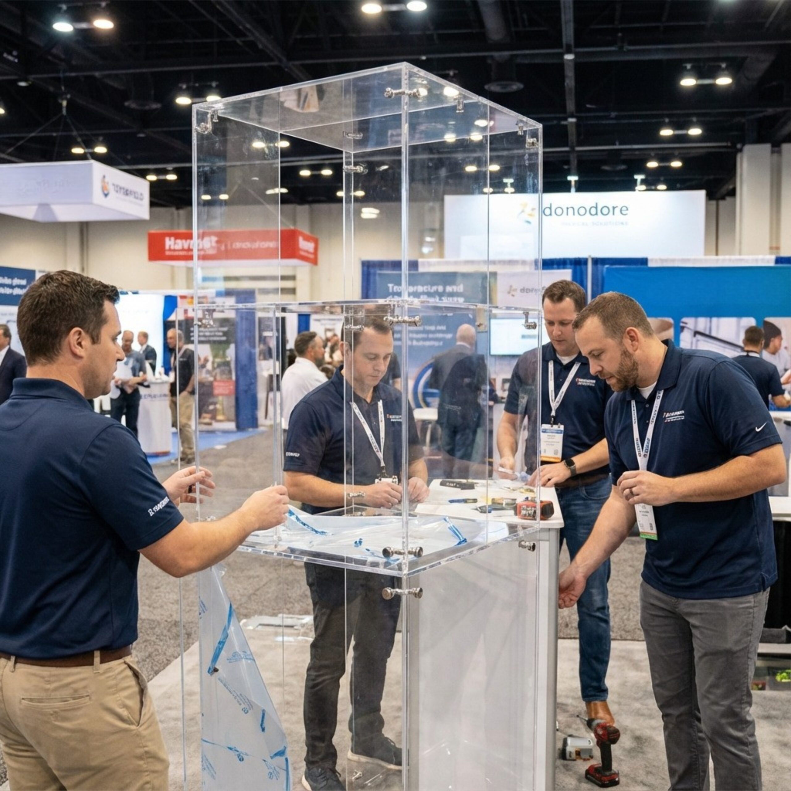 Plexiglas beursstand met transparante displays en presentatiematerialen.