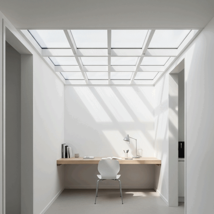 Lichte werkruimte met plexiglas dak dat natuurlijk daglicht binnenlaat.