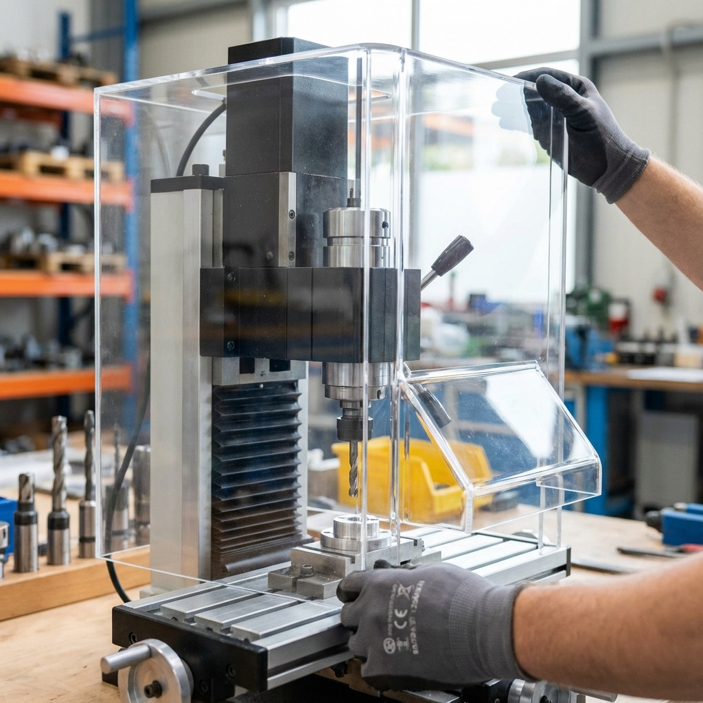Transparante plexiglas beschermkap rondom een frees- of boormachine in een werkplaats.