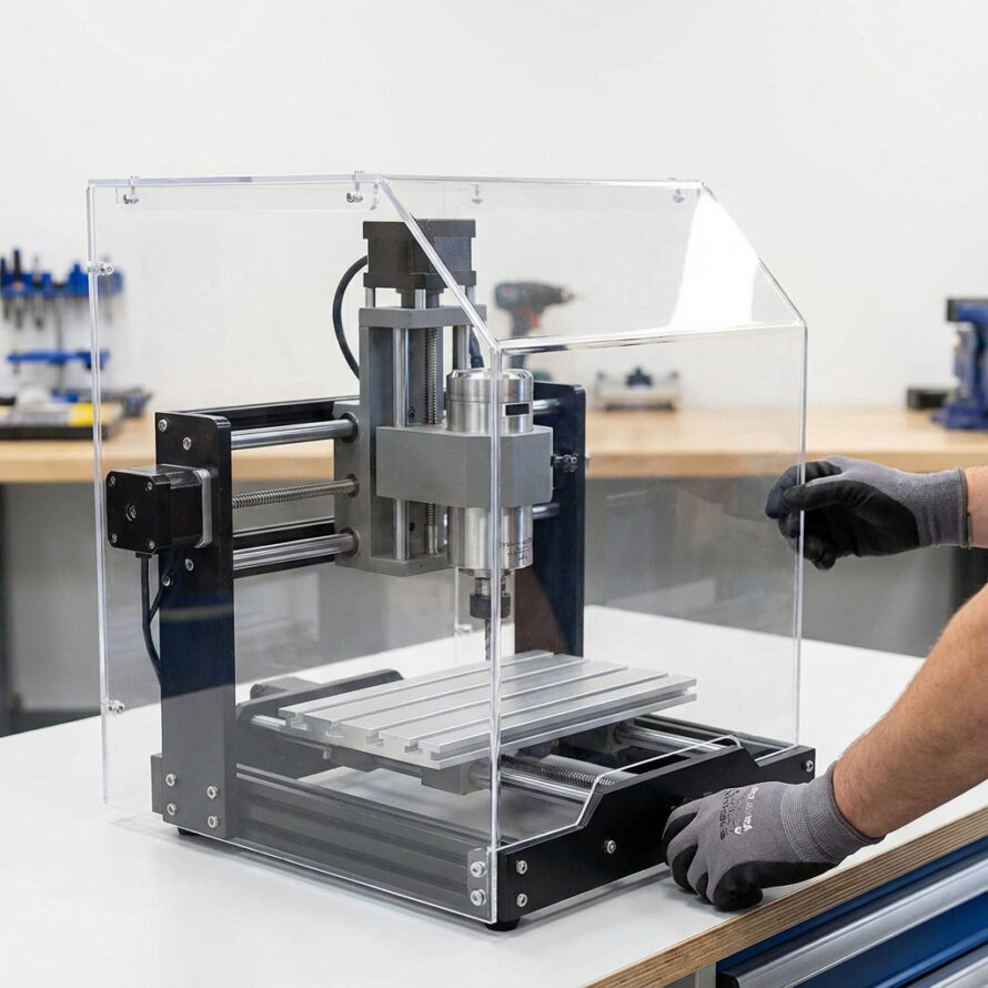 Transparante plexiglas beschermkap rondom een CNC-machine op een werkbank.