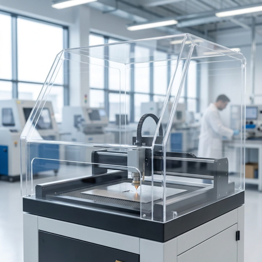 Transparante plexiglas machinebeschermkap over een industriële laser- of CNC-machine in een werkplaats.