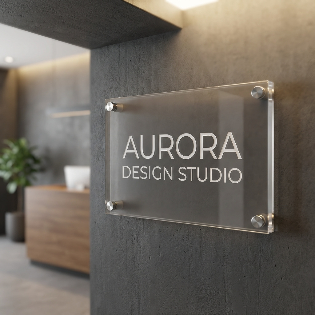 Plexiglas naambord met bedrijfsnaam gemonteerd met RVS afstandshouders aan een moderne muur bij een entree.