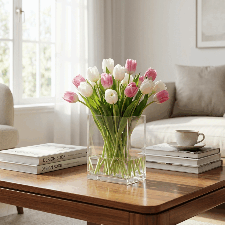 Transparante plexiglas vaas met roze en witte tulpen op een houten salontafel in een lichte woonkamer.