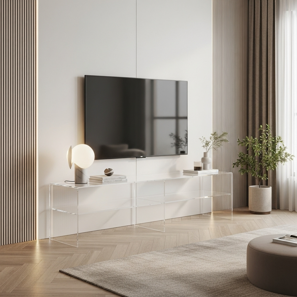 Modern interieur met transparant plexiglas tv-meubel en wand-tv.