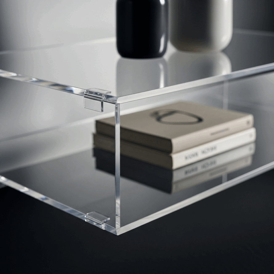 Transparant plexiglas meubel met boeken en decoratieve objecten.