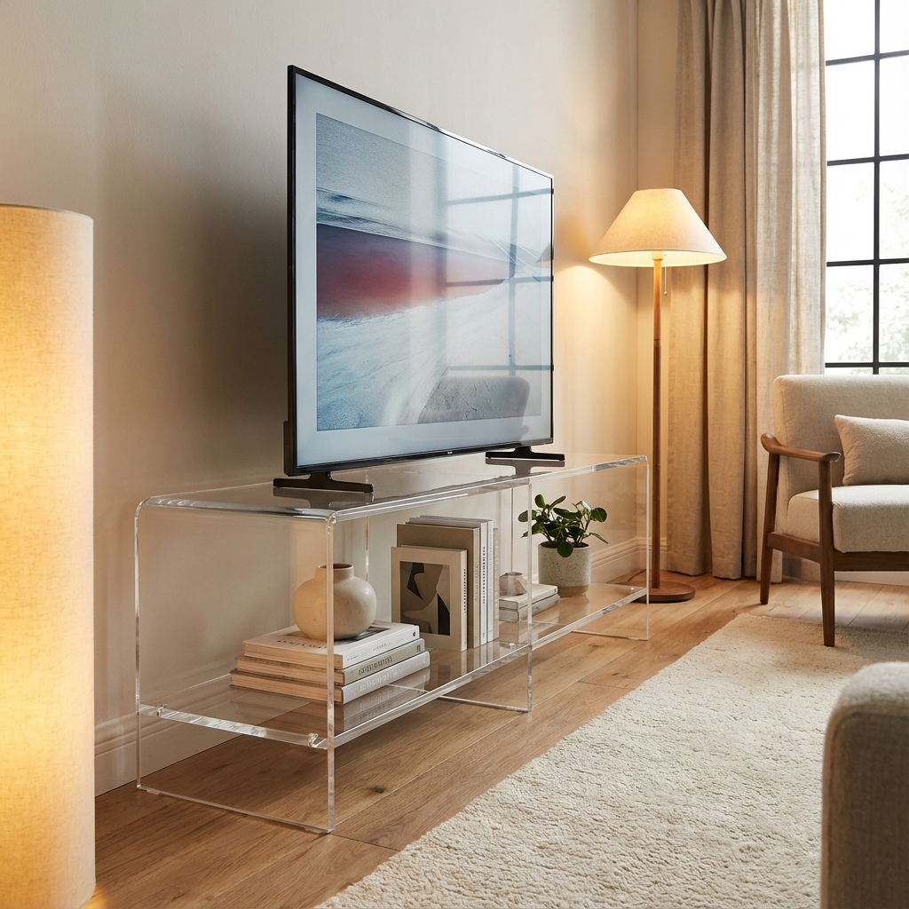 Transparant plexiglas tv-meubel met televisie in een modern ingerichte woonkamer.