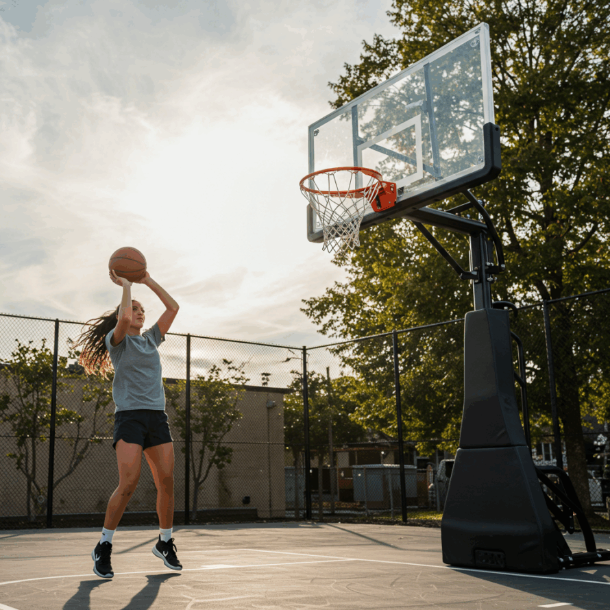 Jonge basketballer neemt een worp op een buitenveld met een transparant polycarbonaat backboard en metalen basket.