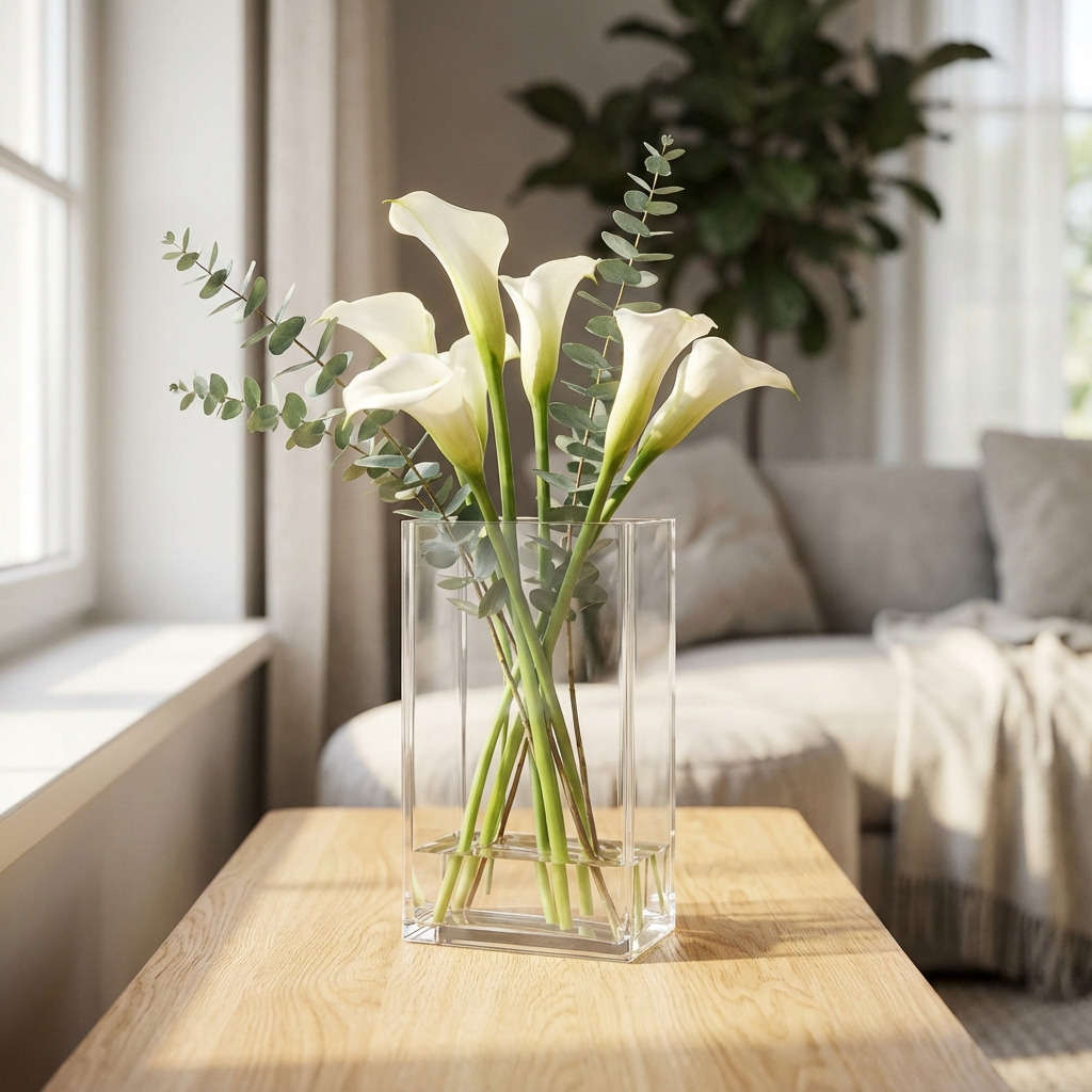Transparante plexiglas vaas met witte calla’s op een houten tafel in een lichte woonkamer.