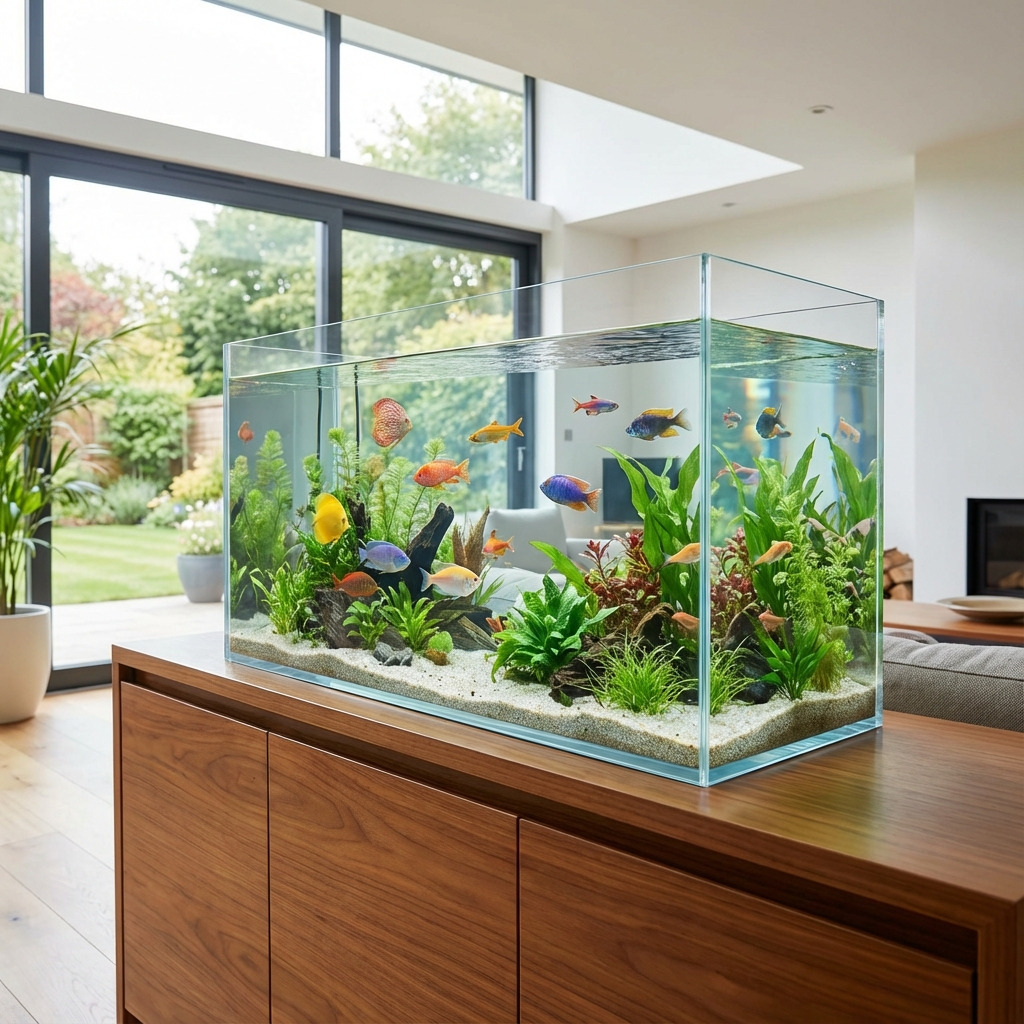 Modern rechthoekig aquarium met kleurrijke vissen en groene waterplanten op een houten kast in een lichte woonkamer.