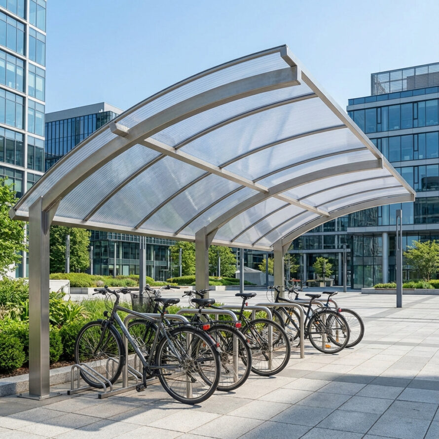 Moderne fietsenstalling met gebogen polycarbonaat dak en metalen fietsrekken in een stedelijke omgeving.