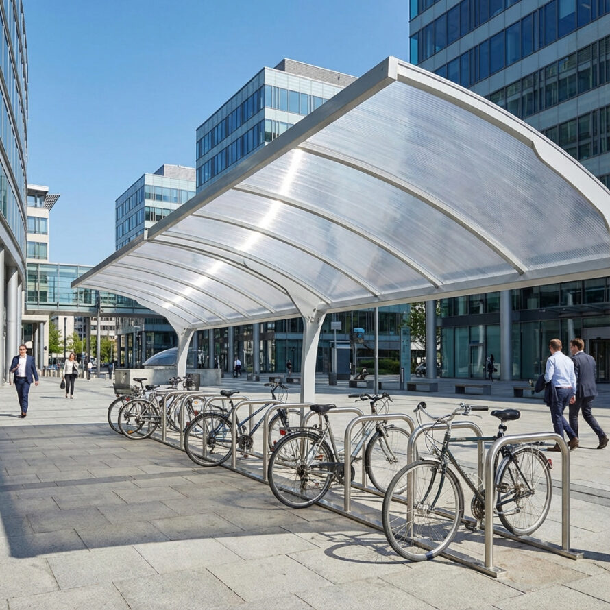 Overdekte fietsenstalling van transparant polycarbonaat tussen moderne kantoorgebouwen, met meerdere geparkeerde fietsen.