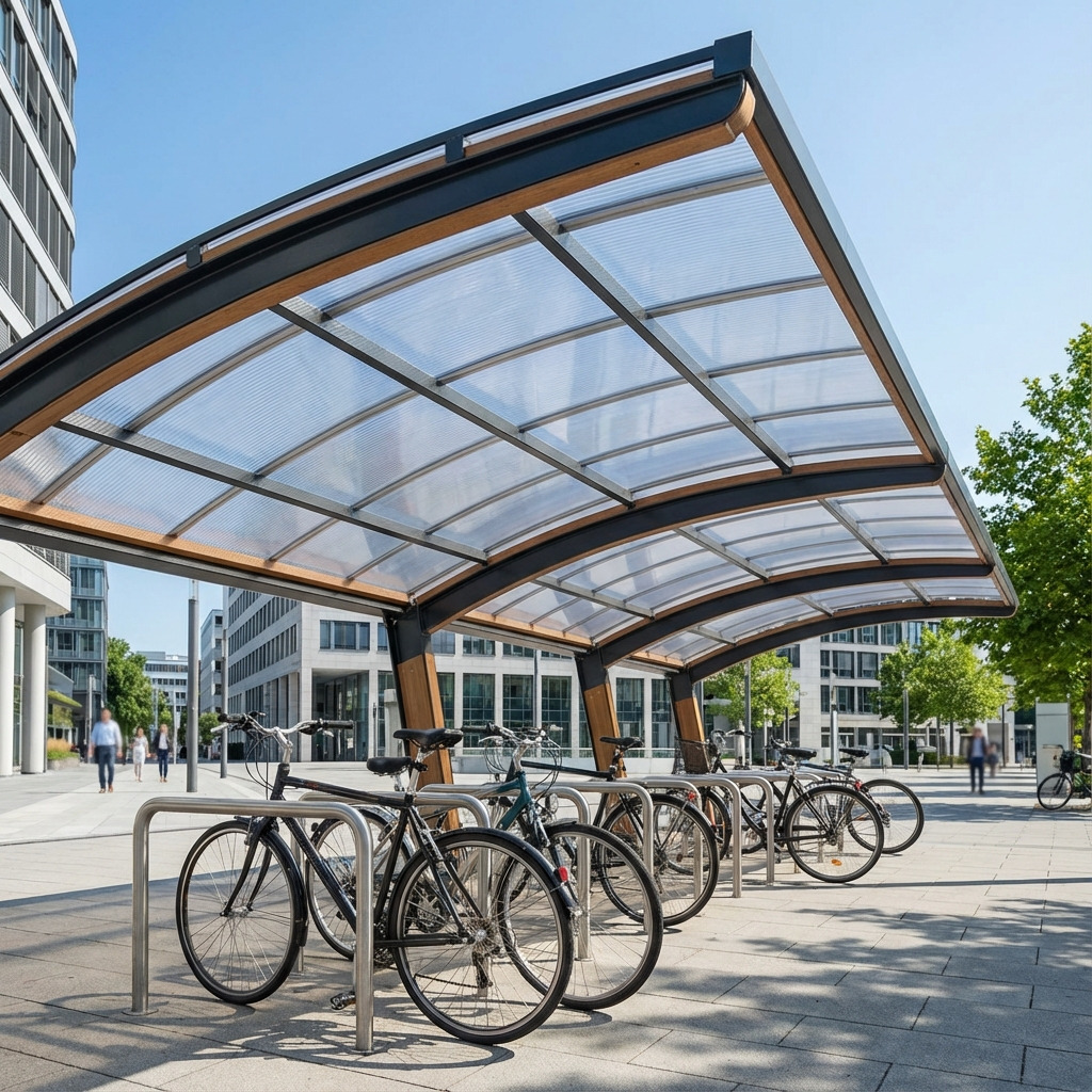 Strakke, moderne fietsenstalling met polycarbonaat overkapping en fietsenrekken in een zakelijke stadsomgeving.