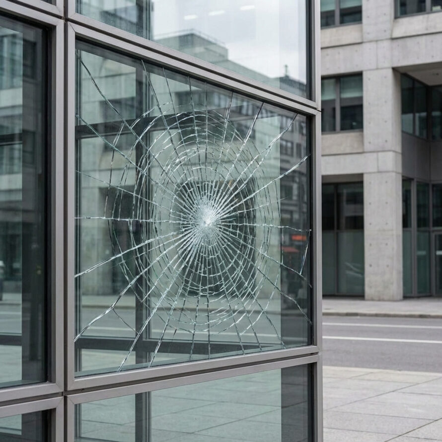 Detail van polycarbonaat als veiligheidsglas met zichtbare barsten en geen versplintering.