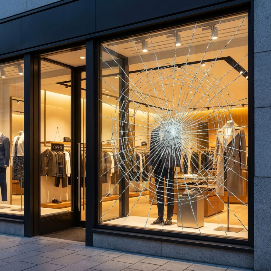 Winkelruit met gelaagd systeem: glas aan buitenzijde en polycarbonaat plaat aan binnenzijde