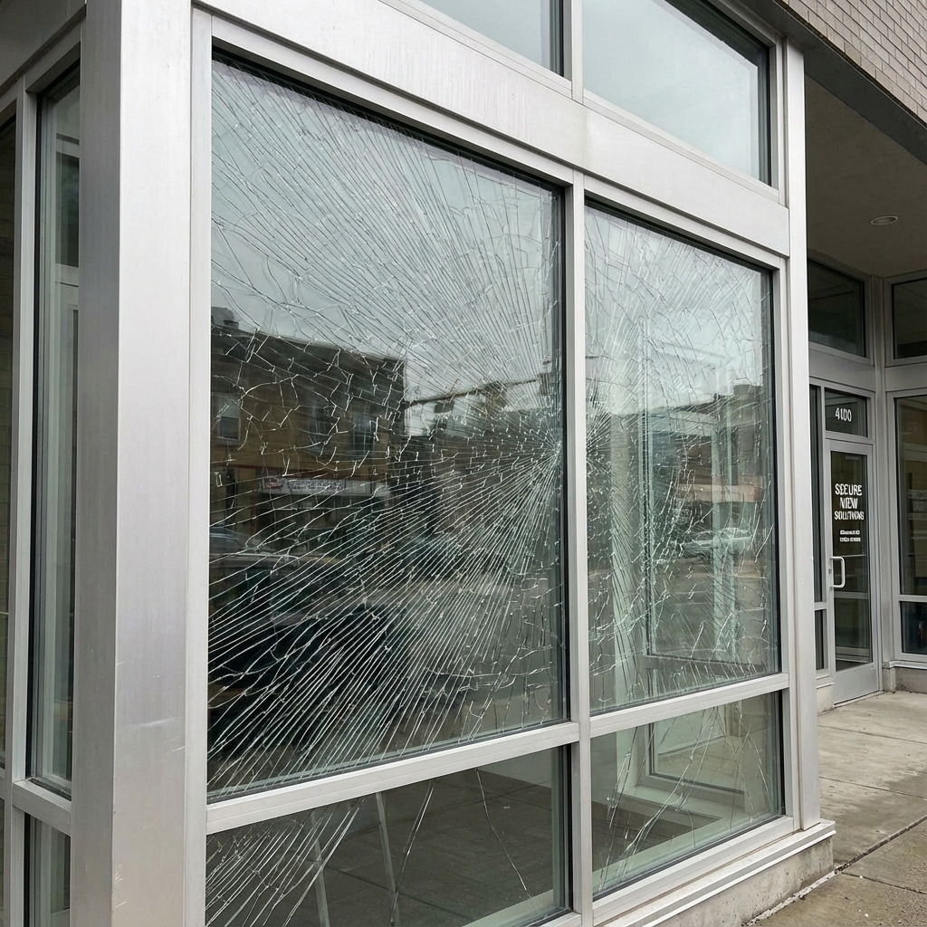 Gebroken winkelruit met gescheurd veiligheidsglas in een aluminium pui, waarbij het glas gespiderd is maar nog in het kozijn blijft zitten na vandalisme of inbraak.