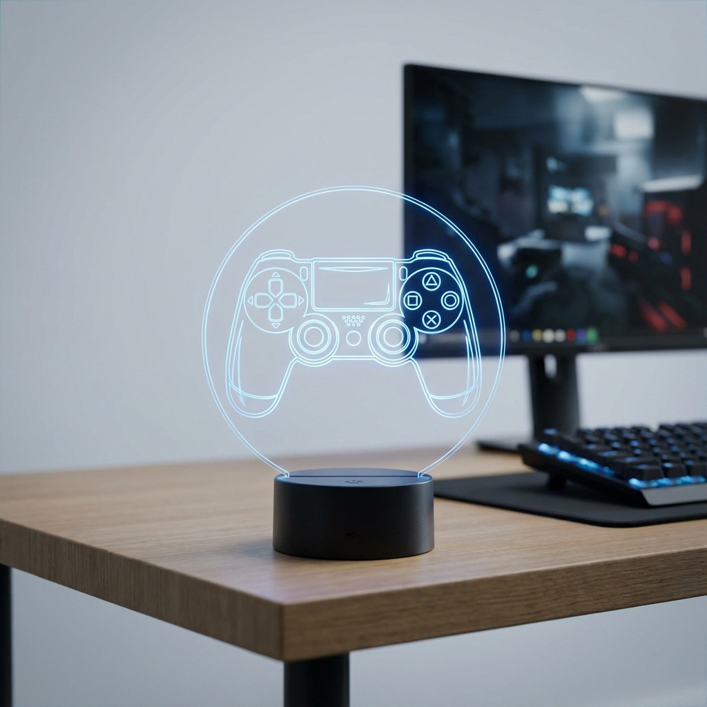 Plexiglas LED-embleemlamp met gegraveerde gamecontroller, geplaatst op een bureau naast een computer en verlicht met blauw LED-licht in een moderne gaming-opstelling.