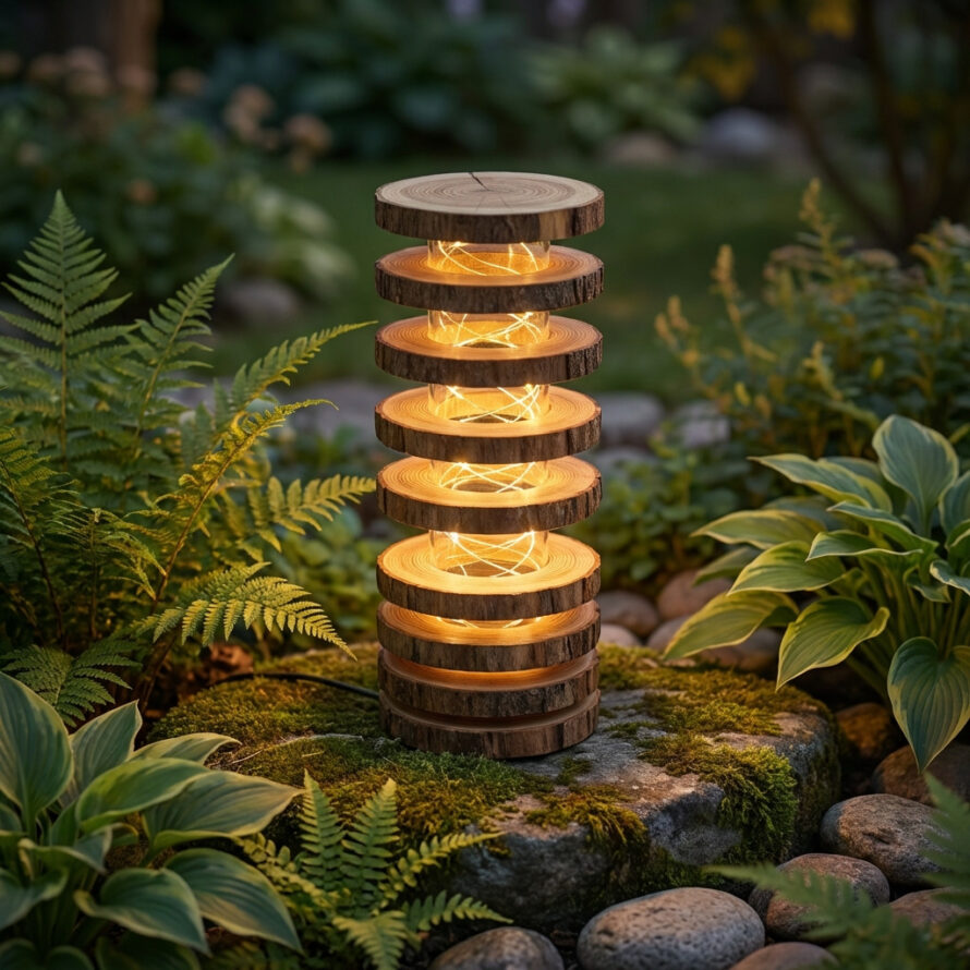 Sfeervolle houten tuinlamp met warm licht, geïntegreerd in een groene tuinomgeving.