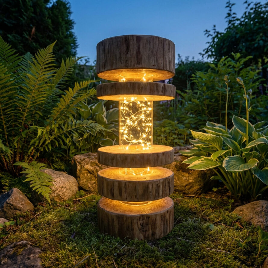 Moderne houten lamp in een tuinpad, omringd door planten en natuursteen.