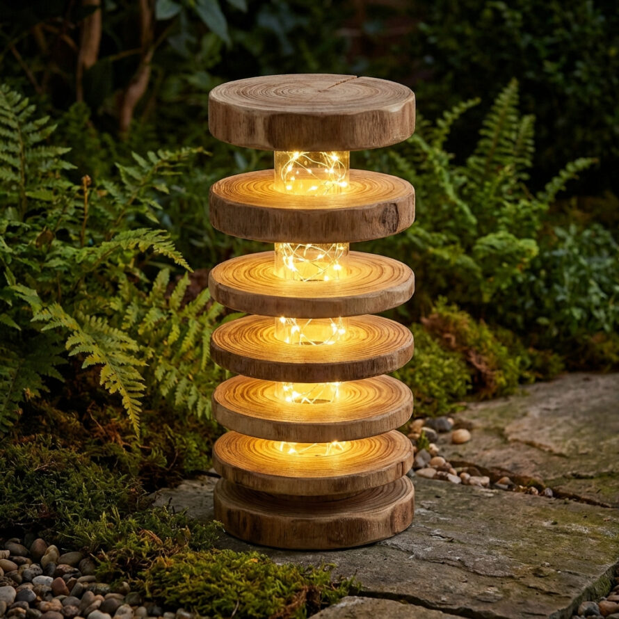 Afgewerkte houten tuinlamp met warm licht, staand op stenen tussen varens.