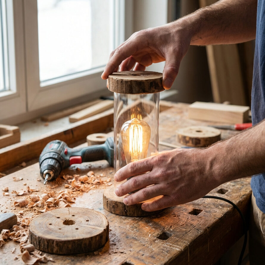 Werkbank met boormachine, houten schijven en een half afgemonteerde lamp.