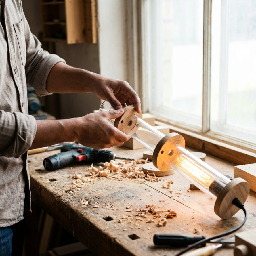 Houten lampdelen worden zorgvuldig geplaatst op een werkbank met verspreid houtkrullen.