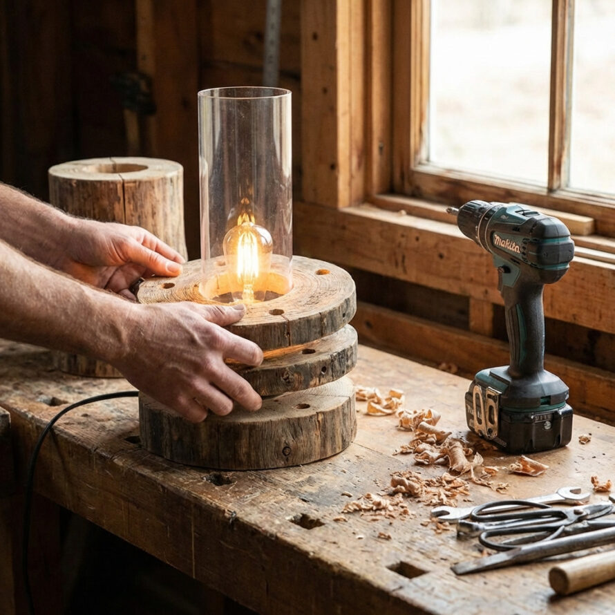 Ambachtsman assembleert houten onderdelen van een lamp rond een glazen lichtbron.