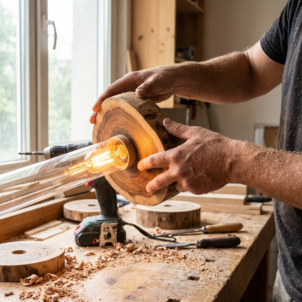 Handen die een houten schijf bewerken op een werkbank bij het raam, met gereedschap en zaagsel.