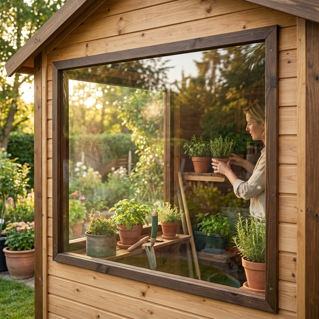 Voorzetglas van Plexiglas op het raam van een houten schuur.
