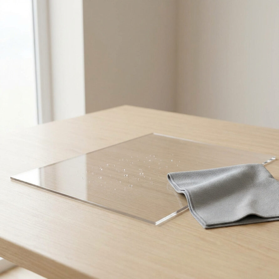 Plexiglas plaat die wordt schoongemaakt met een blauwe microvezeldoek.