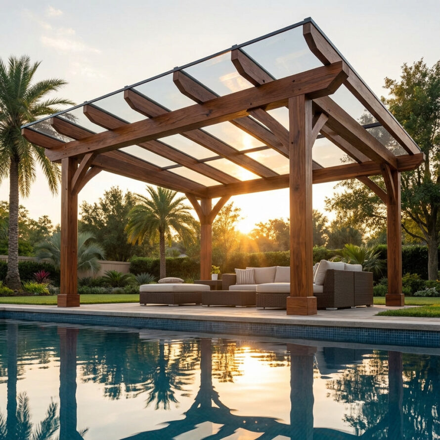 Luxe houten overkapping met heldere plexiglas dakplaten bij een zwembad, met warme avondzon en een sfeervolle tuinsetting.