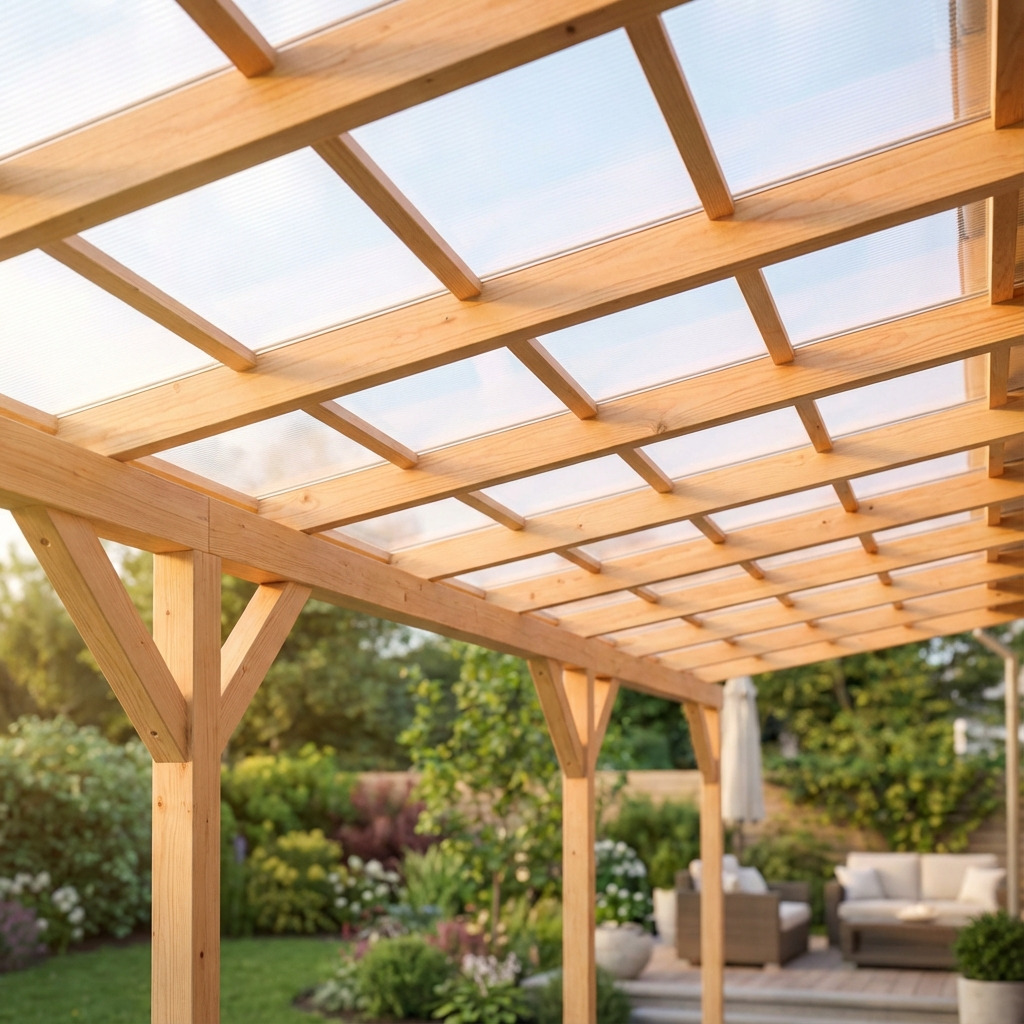 Houten veranda met transparante plexiglas dakplaten die zorgen voor veel lichtinval, omgeven door groen en ingericht als gezellige buitenruimte.