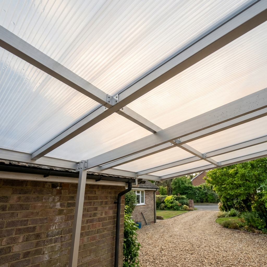 Onderzijde van een carport met lichtdoorlatend dak, metalen draagconstructie en bevestiging aan een bakstenen gevel.