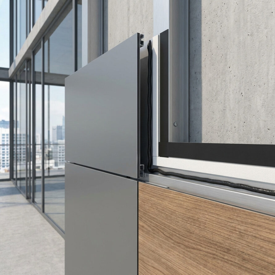 Gevelpaneel bevestigd naast een raamkozijn, waarbij panelbonding-lijm zorgt voor een vlakke, esthetische montage.