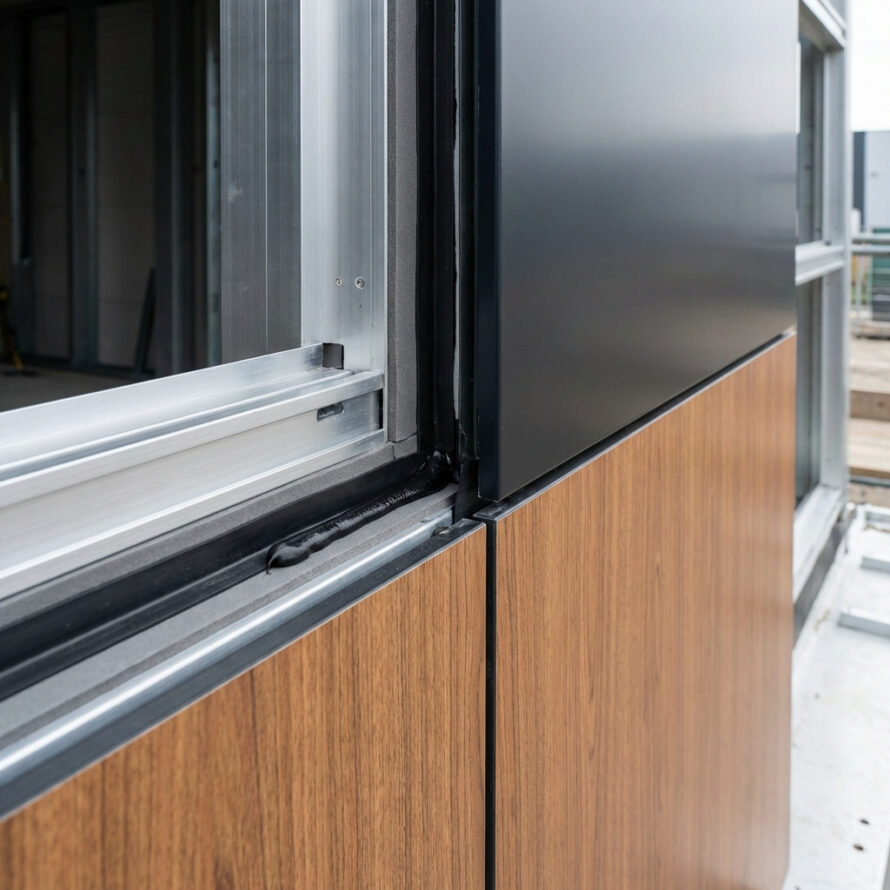 Overgang tussen aluminium paneel en houten afwerking, verlijmd met panelbonding-lijm voor een strak eindresultaat.