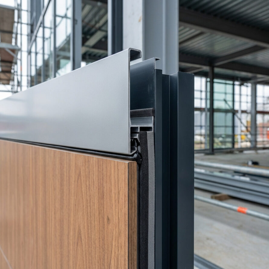 Close-up van meerdere aluminium panelen die met panelbonding-lijm op een onderliggend frame zijn verlijmd.