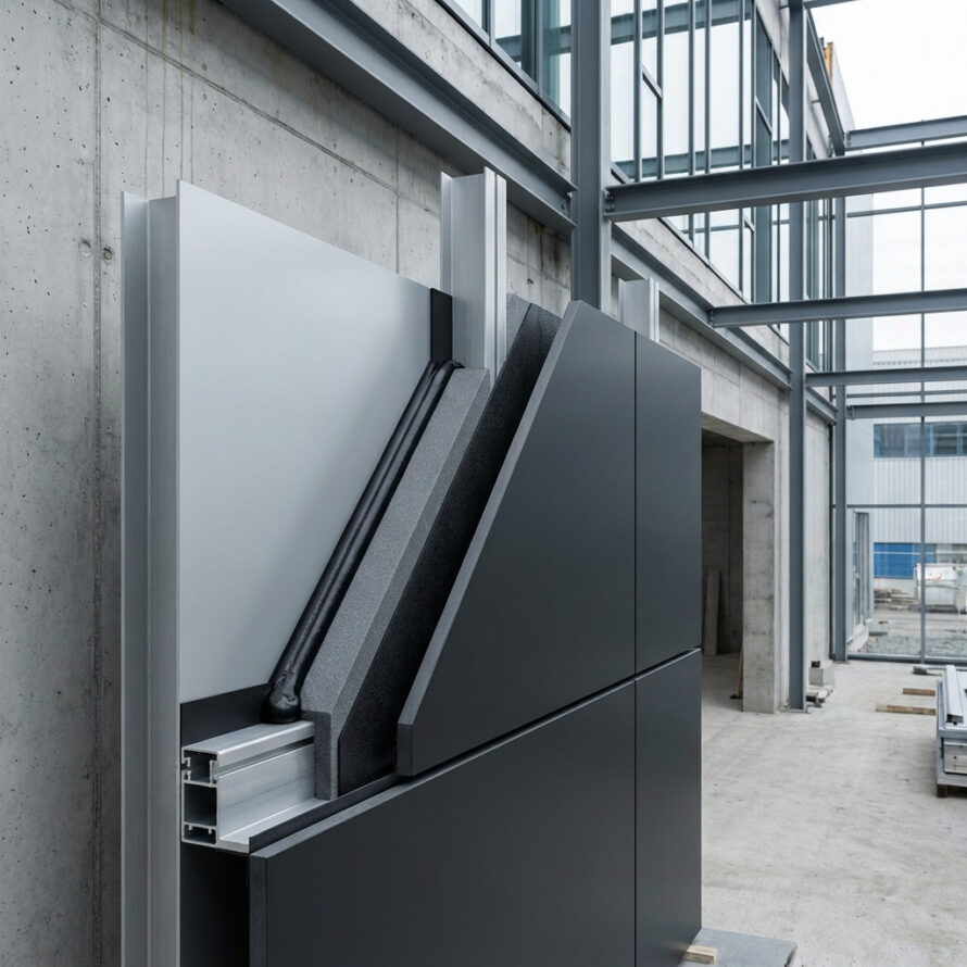 Schuin aangebracht gevelpaneel waarbij de panelbonding-lijm zorgt voor een strakke en onzichtbare verbinding tussen paneel en profiel.