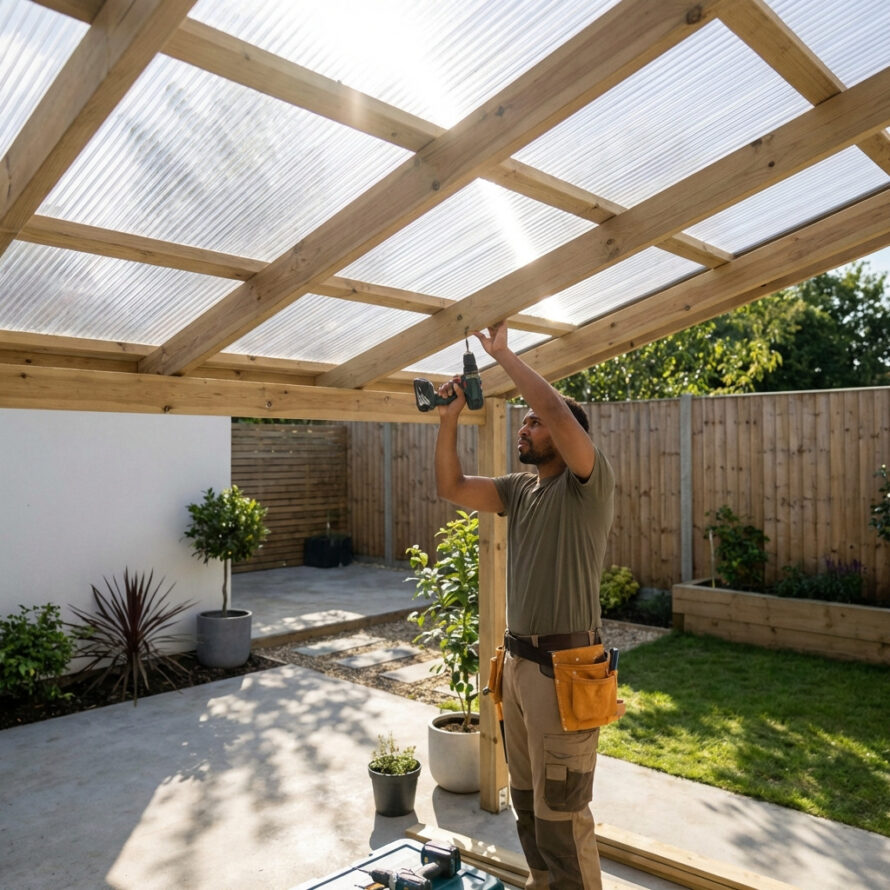 Persoon monteert polycarbonaat kanaalplaten op een houten overkapping