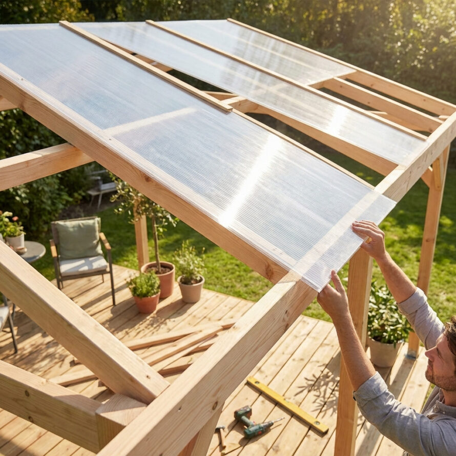 Polycarbonaat kanaalplaten worden op een houten dakconstructie geplaatst tijdens montage