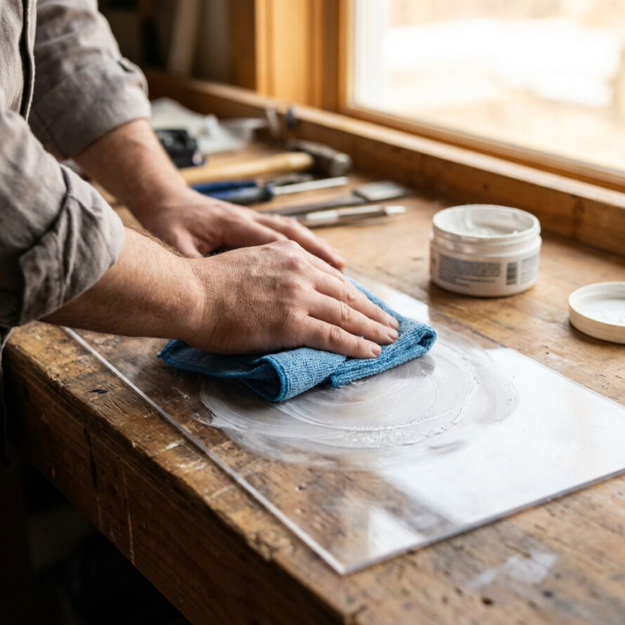 Person cleaning or wiping a flat surface with a blue cloth on a wooden workbench near a window.