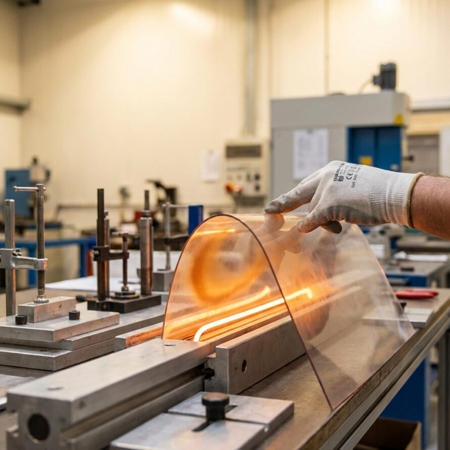 Polycarbonaat plaat wordt warm gebogen met een verwarmingsbron in een werkplaats