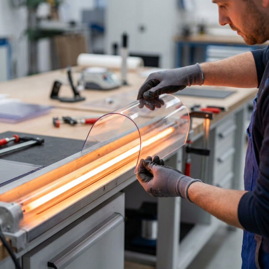 Polycarbonaat plaat wordt nauwkeurig gezaagd met een cirkelzaag in een werkplaats.