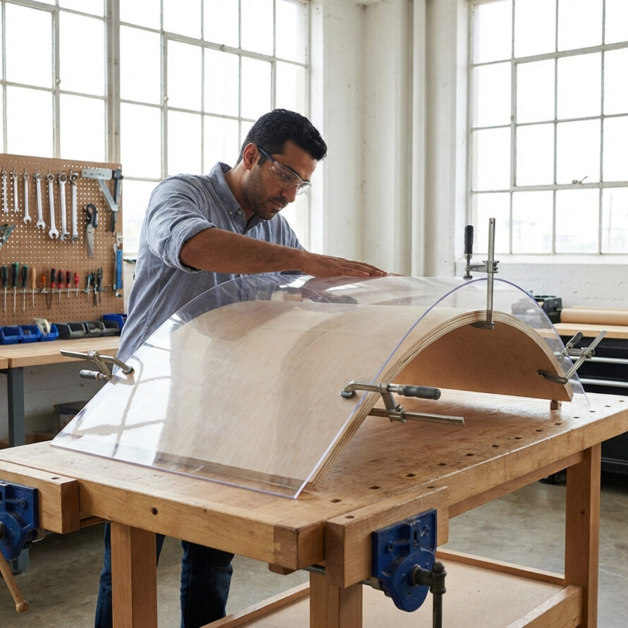 Persoon buigt een grote polycarbonaat plaat over een mal voor een ronde vorm.
