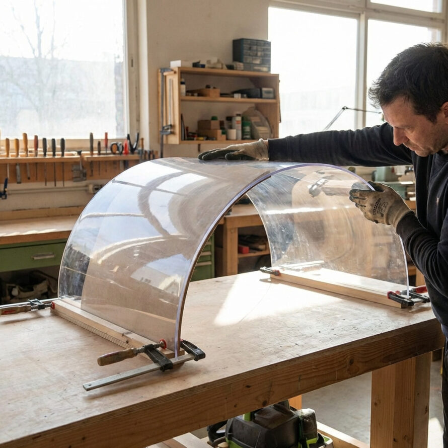 Transparante polycarbonaat plaat wordt in een gebogen vorm geplaatst op een werkbank.