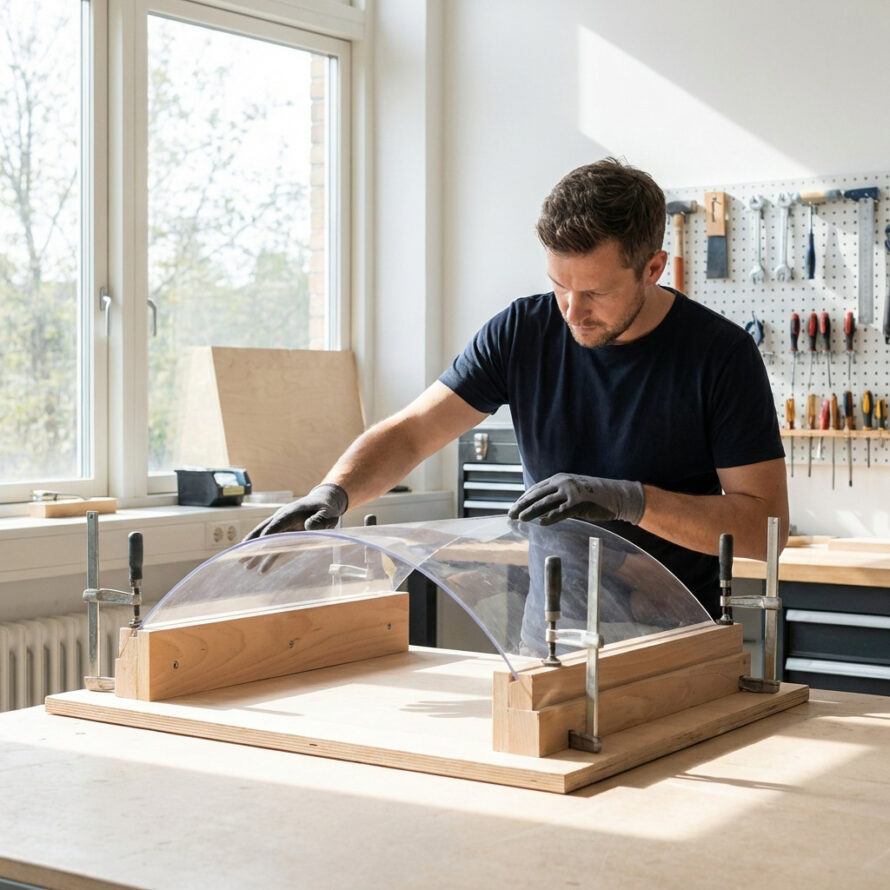 Persoon buigt een polycarbonaat plaat in een mal voor een strakke hoek.