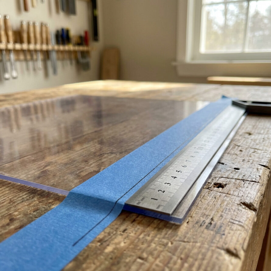 Polycarbonaat plaat op werkbank met schilderstape en metalen liniaal langs de snijlijn