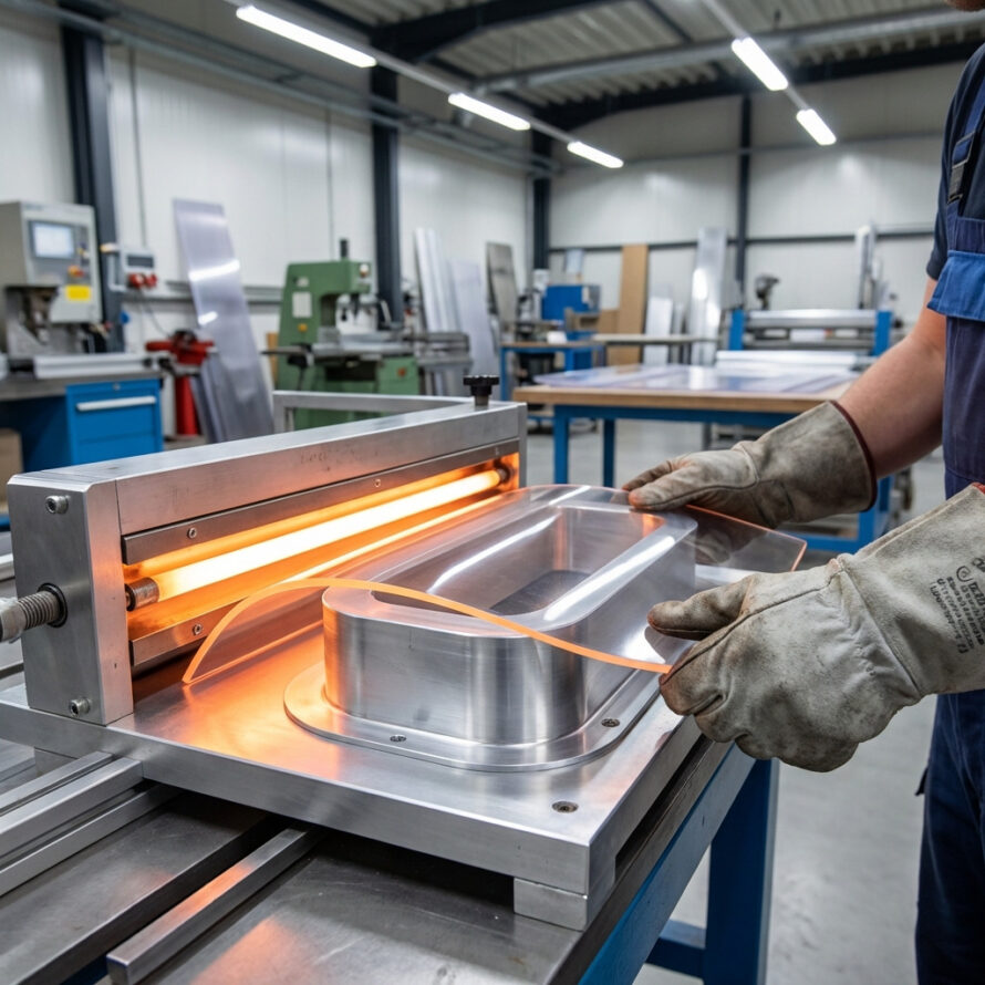 Polycarbonaat plaat wordt warm gebogen met een professionele buigmachine in een werkplaats.