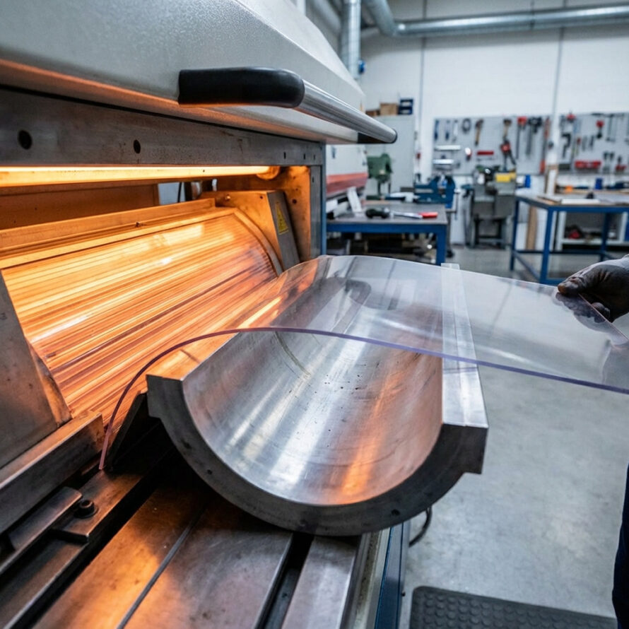 Grote transparante polycarbonaat plaat wordt warm gebogen tot een ronde vorm in een werkplaats.